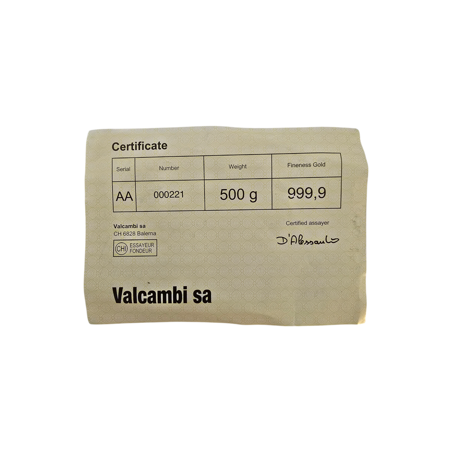 Naložbeno zlato VALCAMBI SUISSE 24K 999.9/1000; masa=500.00g