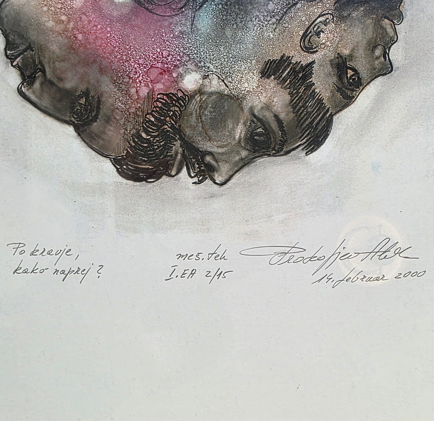 P.A.; mešana tehnika; "Po kravje, kako naprej?"; 31 cm x 43 cm