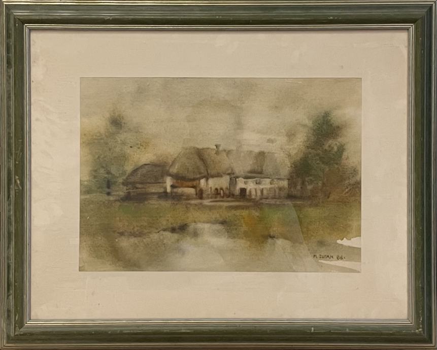 Slika M. ZUPAN, akvarel, Kmečka hiša