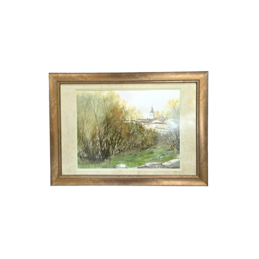 Marko Krvina; Akvarel; "Cerkev v gozdu"; 65 cm x 47 cm