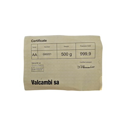 Naložbeno zlato VALCAMBI SUISSE 24K 999.9/1000; masa=500.00g
