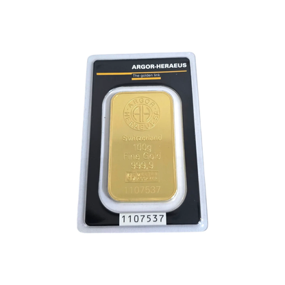 Naložbeno zlato Argor Heraeus 24K 999.9/1000; masa=100.00g