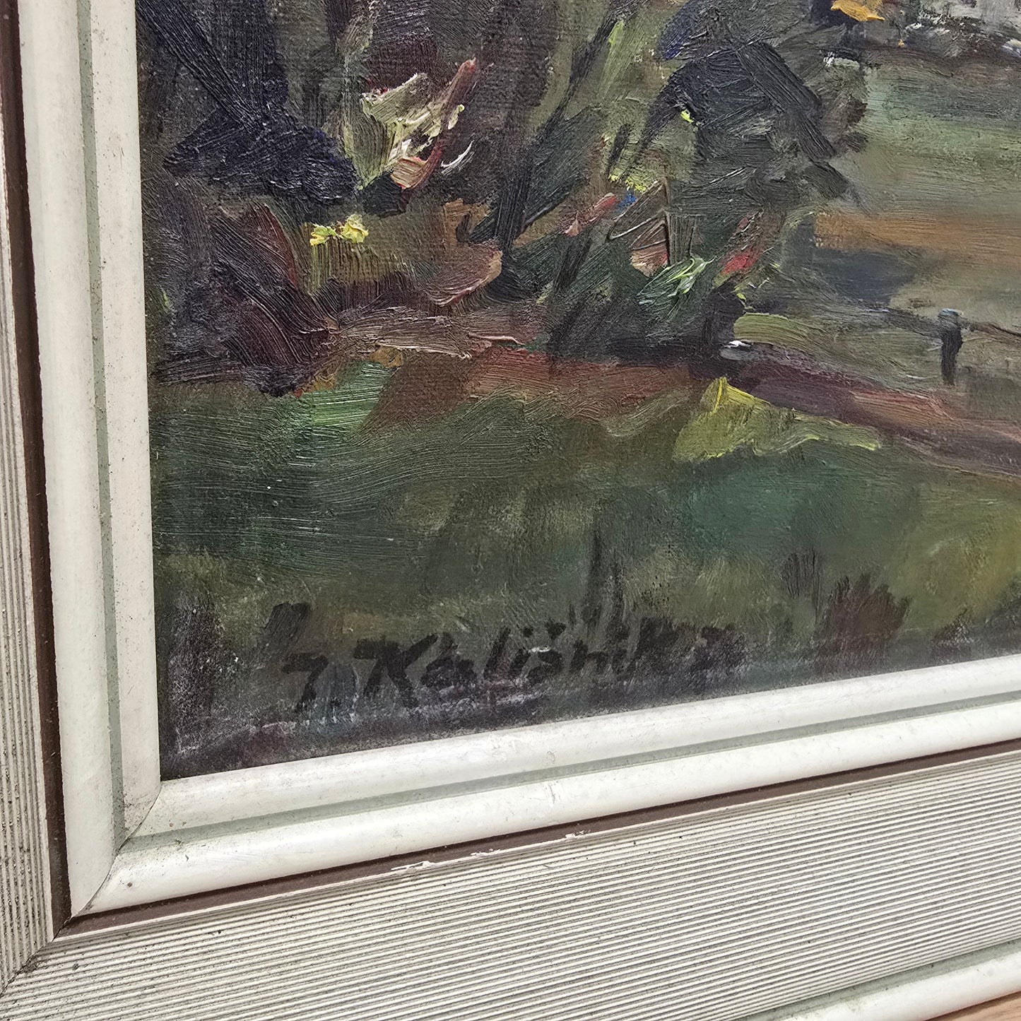 Janez Kališnik; olje na platno; "vaška veduta"; 75 cm x 61 cm