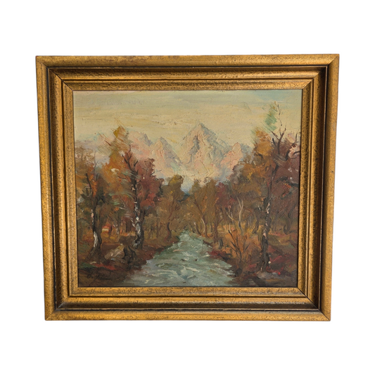 N/A; Olje; "Reka in gore"; 57 cm x 51 cm