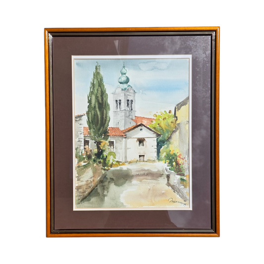 Marijan Miklavec; Akvarel; cerkev; 50 cm x 61 cm