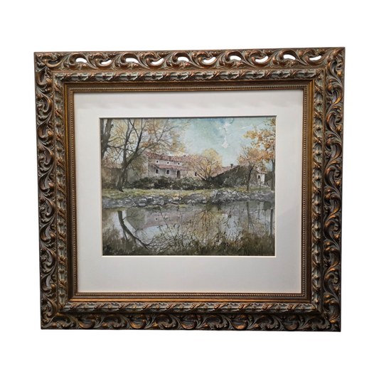 N/A; akvarel; "Hiša ob reki"; 80 cm x 74 cm