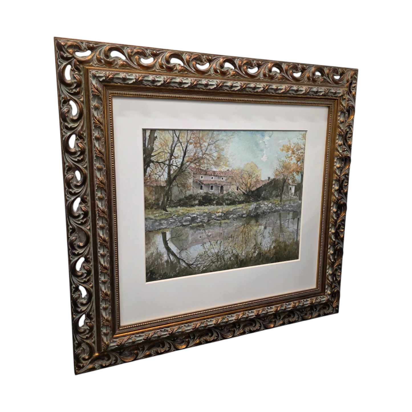 N/A; akvarel; "Hiša ob reki"; 80 cm x 74 cm