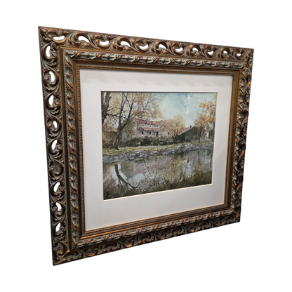 N/A; akvarel; "Hiša ob reki"; 80 cm x 74 cm