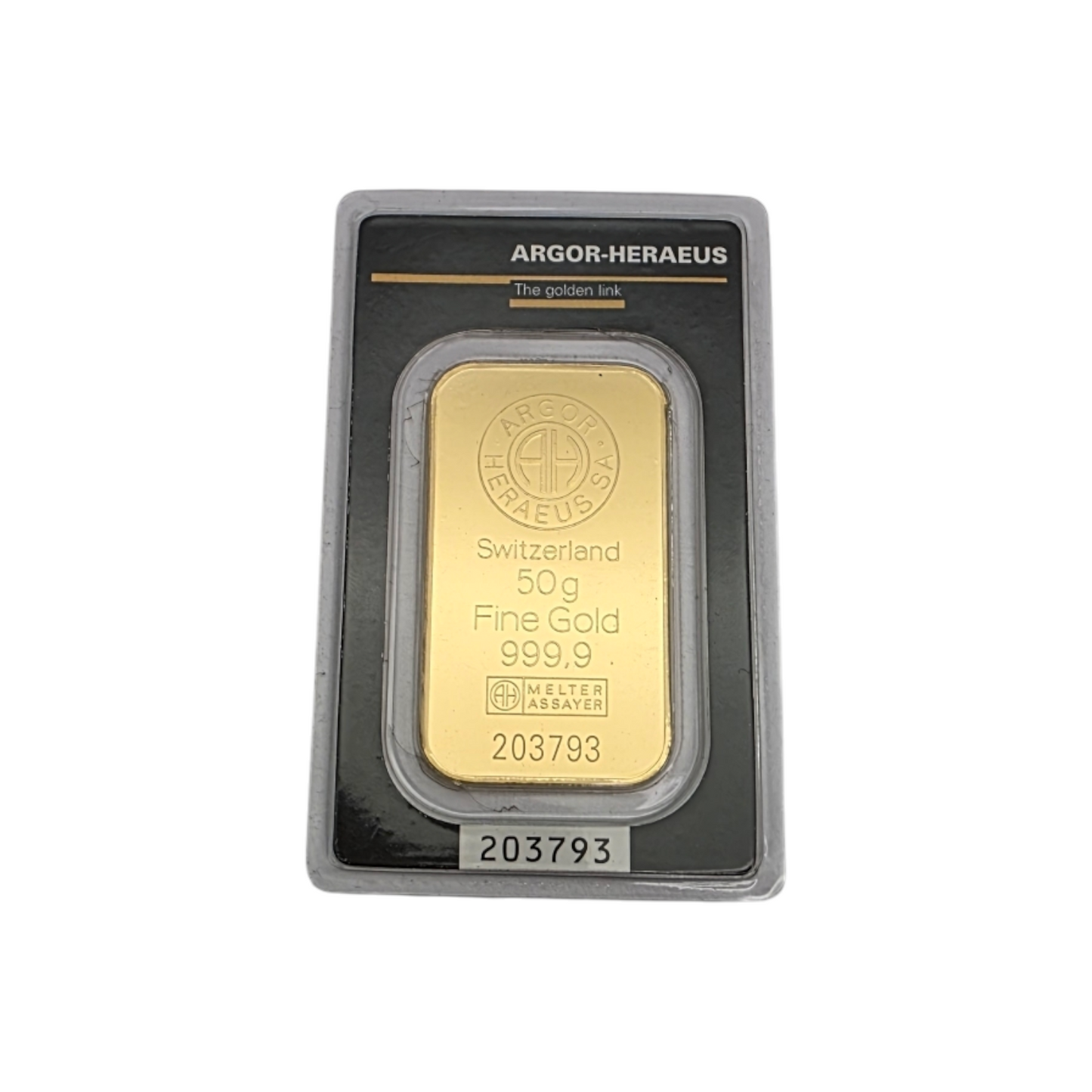 Naložbeno zlato Argor Heraeus 24K 999.9/1000; masa=50.00g