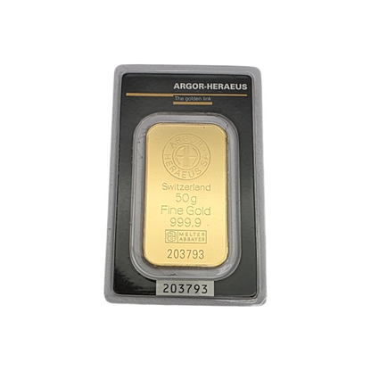 Naložbeno zlato Argor Heraeus 24K 999.9/1000; masa=50.00g