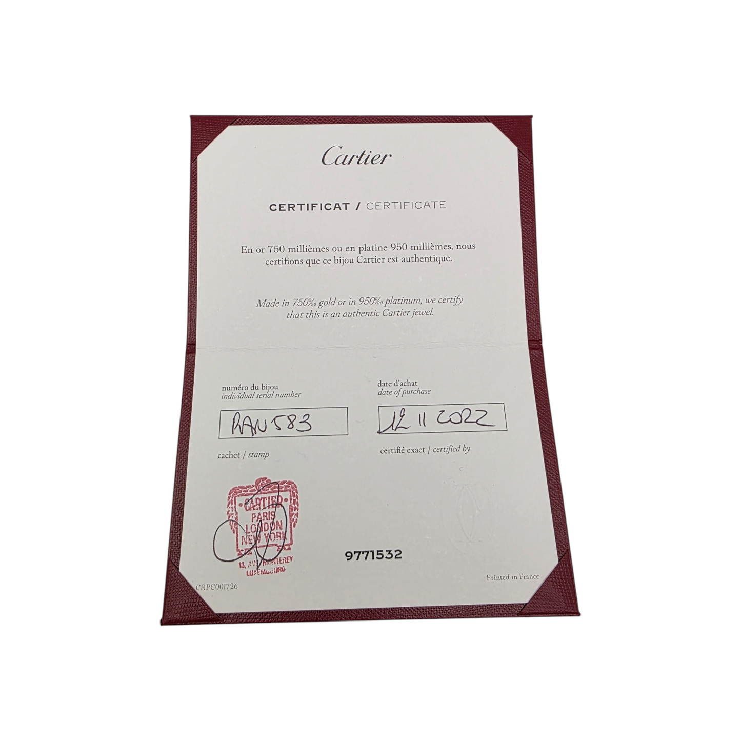 Zlati prstan "Cartier Trinity ring classic 18K 750/1000 + Pt 950/1000; masa=9.80g