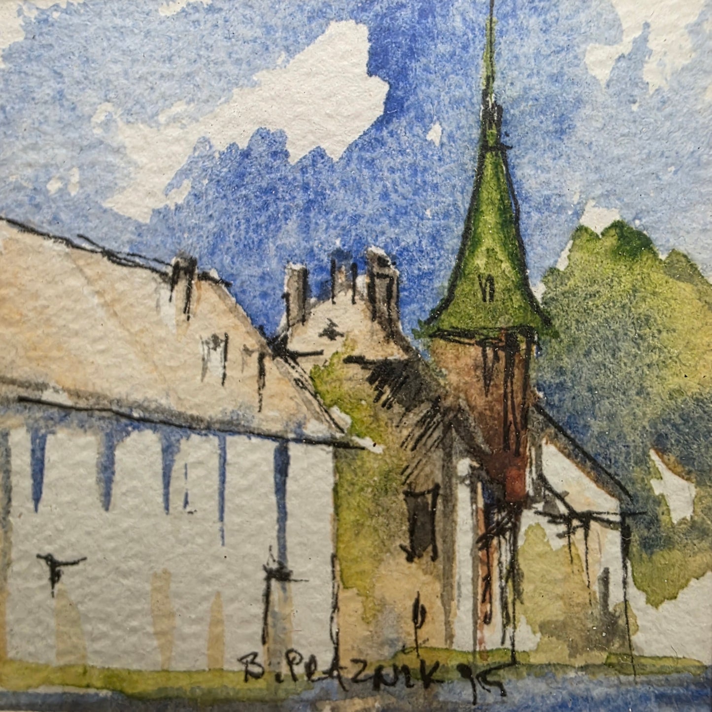 B. Praznik; akvarel; Mestna veduta; 14 cm x 15 cm
