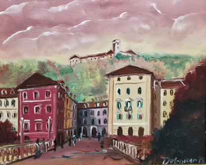 Dobnikar; akril na platno; "Tromostovje"; 30 cm x 27 cm