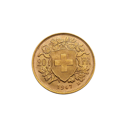 Zlatnik 20 Francs 21K 900/1000; masa=6.45g (1947)