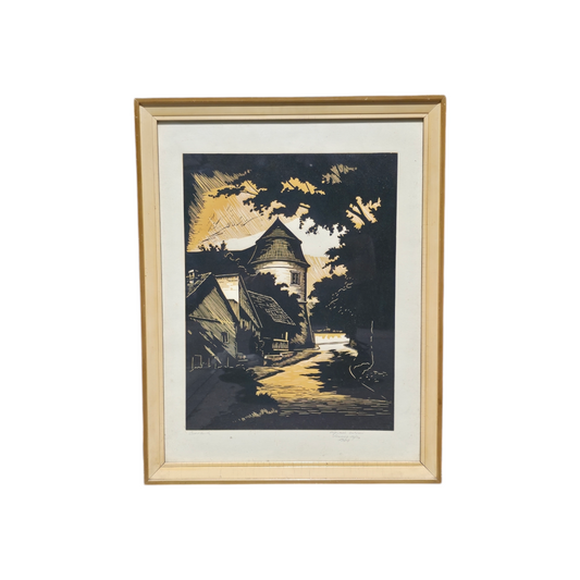 Danilo Cedilnik; grafika – linorez; "Stolpiček"; 50 cm x 60 cm