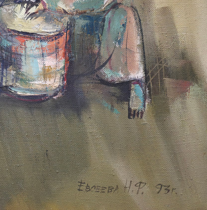 N.F. Evseeva; olje na platno; "Klovni"; 83 cm x 78 cm