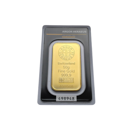 Naložbeno zlato Argor Heraeus 24K 999.9/1000; masa=50.00g
