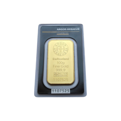 Naložbeno zlato Argor Heraeus 24K 999.9/1000; masa=100.00g