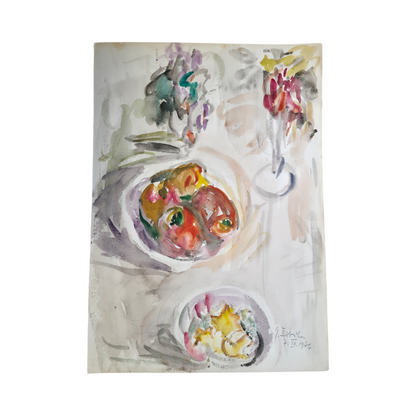 Janez Šibila; akvarel na papir; Tihožitje II; 32 cm x 56 cm