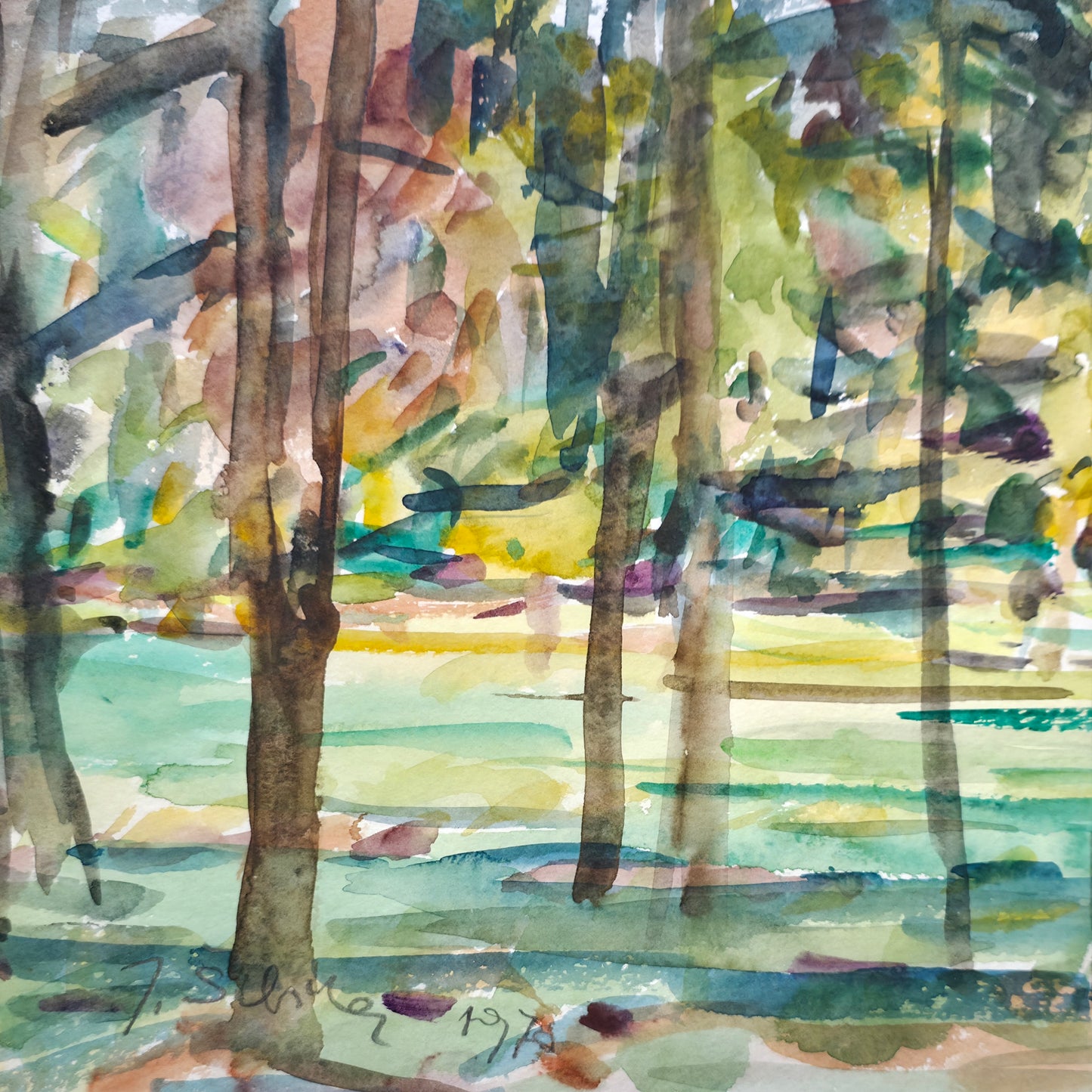 Janez Šibila; akvarel na papir; "Gozd II."; 56 cm x 33 cm