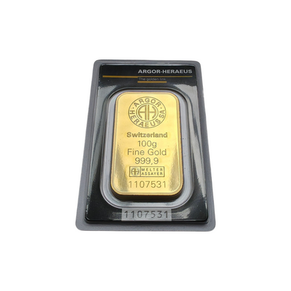 Naložbeno zlato Argor Heraeus 24K 999.9/1000; masa=100.00g
