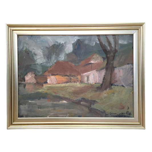 Zmago Modic; mešana tehnika; "Domačija"; 104 cm x 80 cm