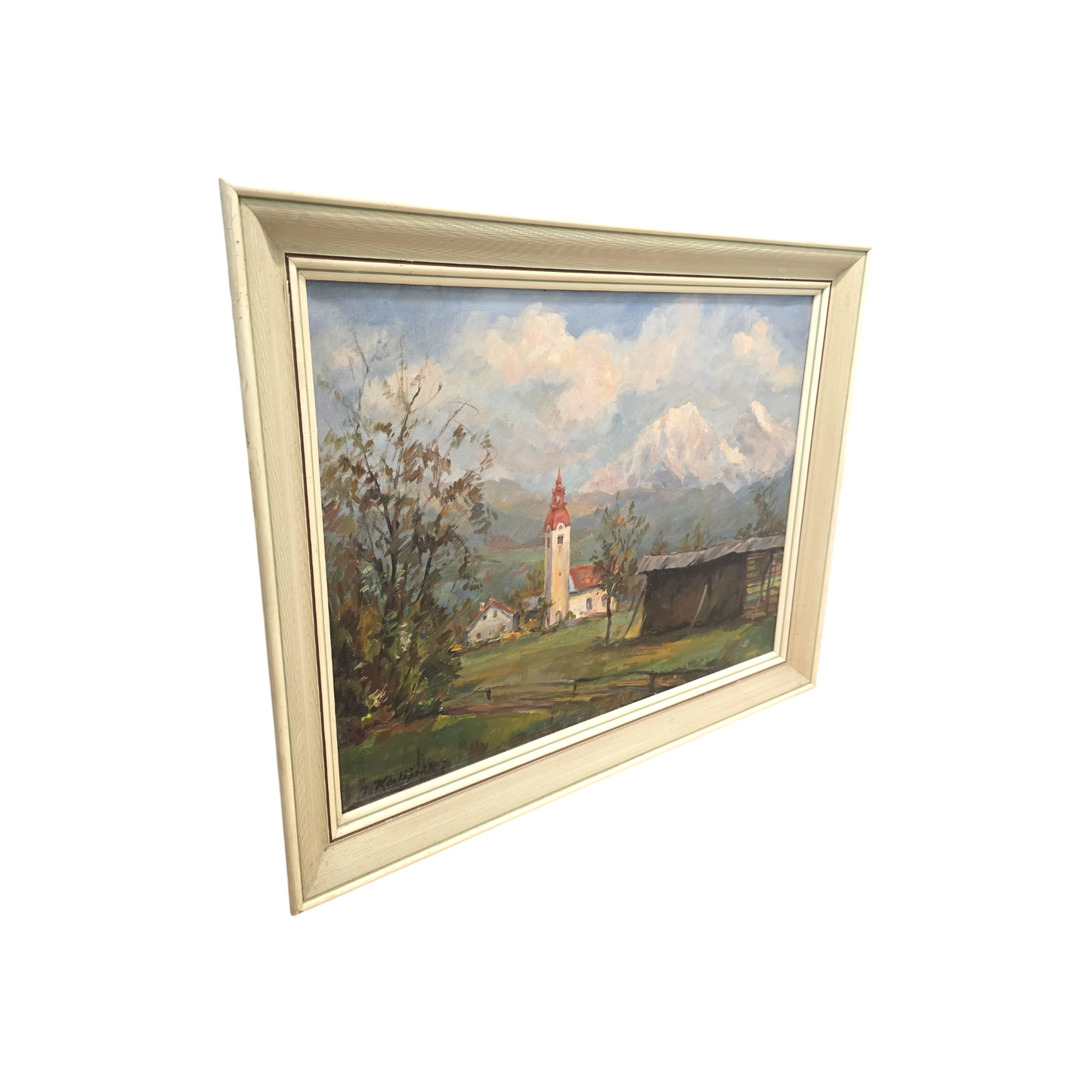 Janez Kališnik; olje na platno; "vaška veduta"; 75 cm x 61 cm