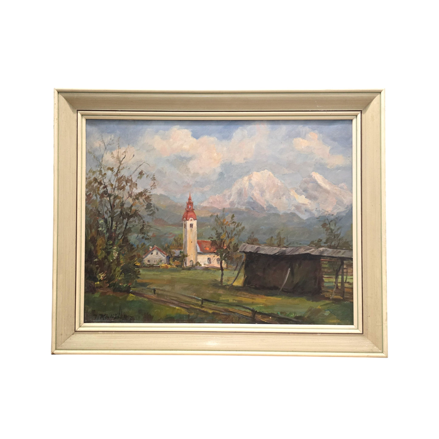 Janez Kališnik; olje na platno; "vaška veduta"; 75 cm x 61 cm