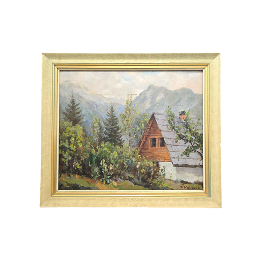 Janez Kališnik; olje na platno; Gorska koča; 70 cm x 60 cm
