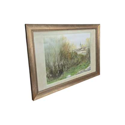 Marko Krvina; Akvarel; "Cerkev v gozdu"; 65 cm x 47 cm