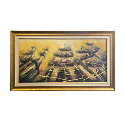N/A; olje na platno; "Mestno jedro"; 94 cm x 54 cm
